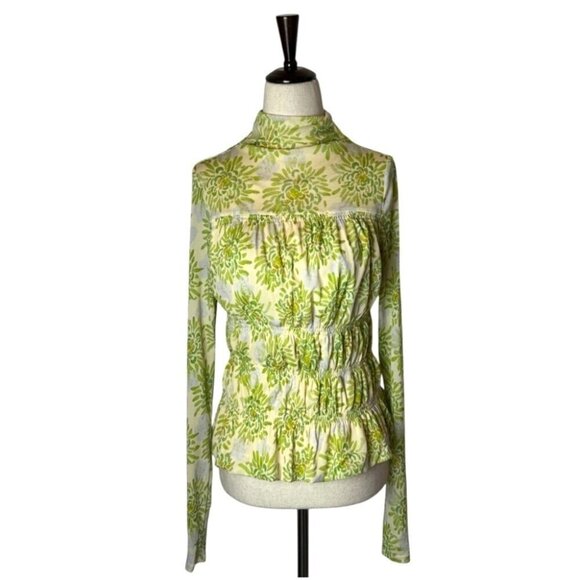 Rebecca Taylor‎ Shirt Women Small Green Ivory Floral Mock Neck Quilted Look Top - Picture 1 of 10